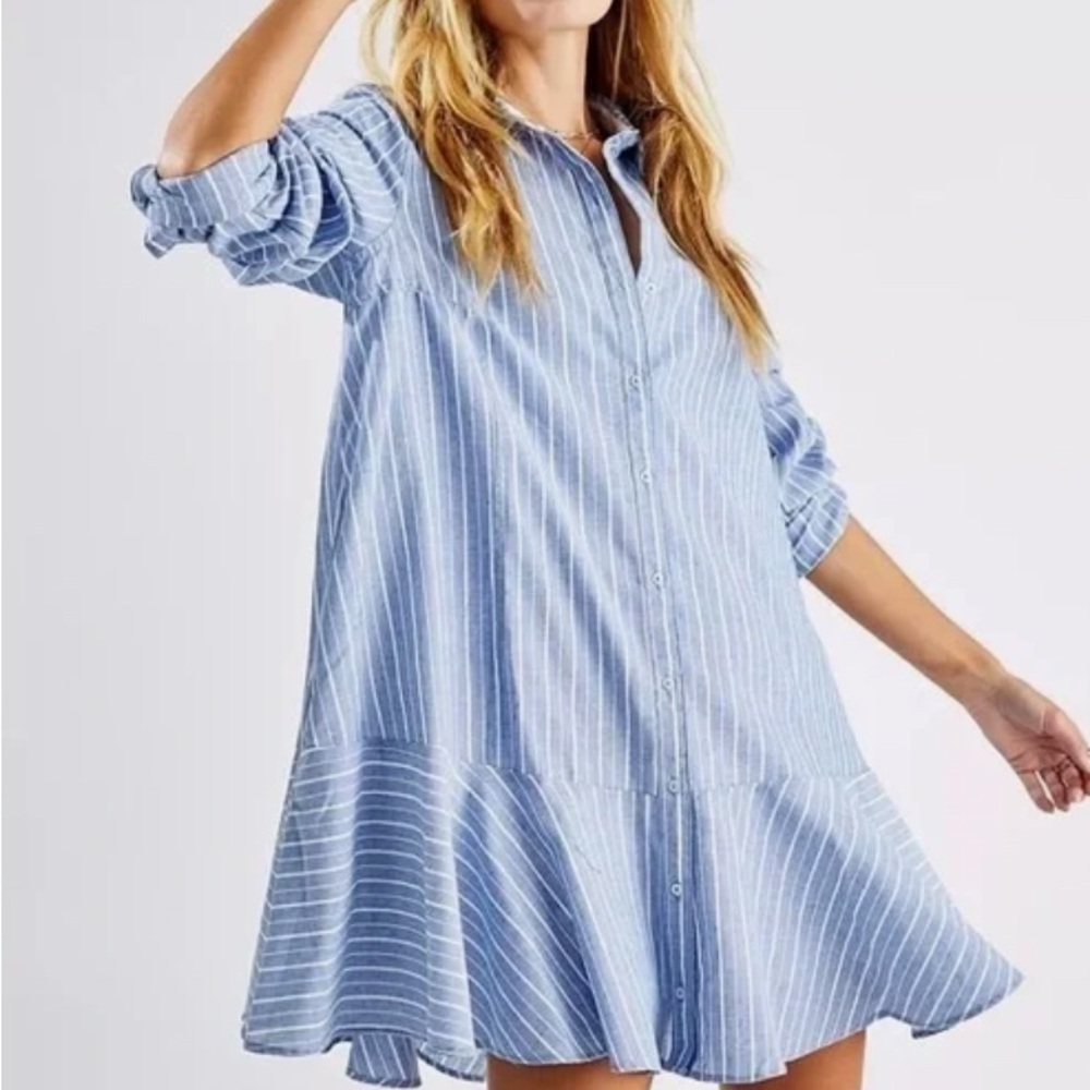 Free People Blue striped mini shirt dress
